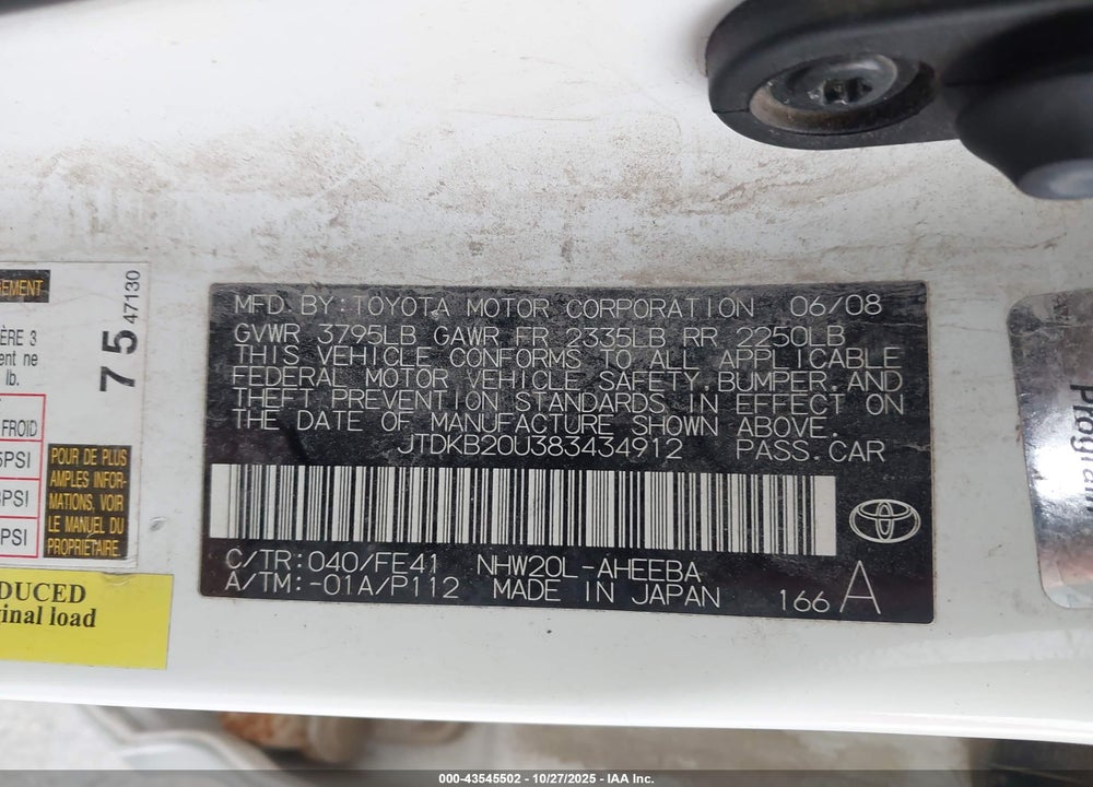2008 TOYOTA PRIUS VIN: JTDKB20U383434912
