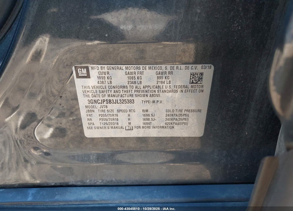 2018 CHEVROLET TRAX LT VIN: 3GNCJPSB3JL325383