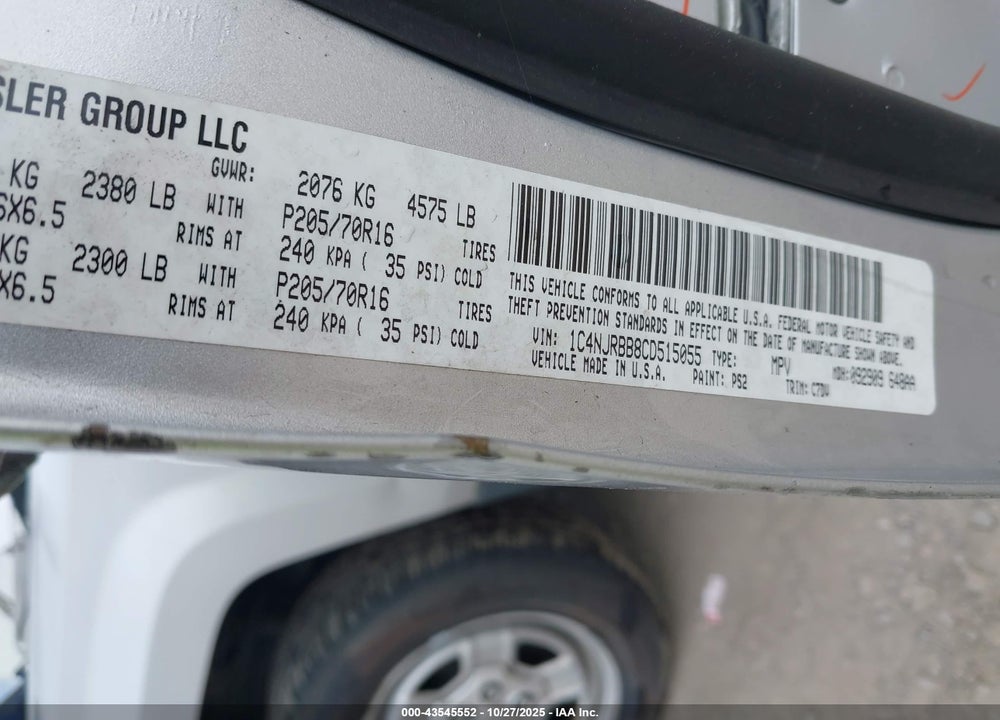 2012 JEEP PATRIOT SPORT VIN: 1C4NJRBB8CD515055