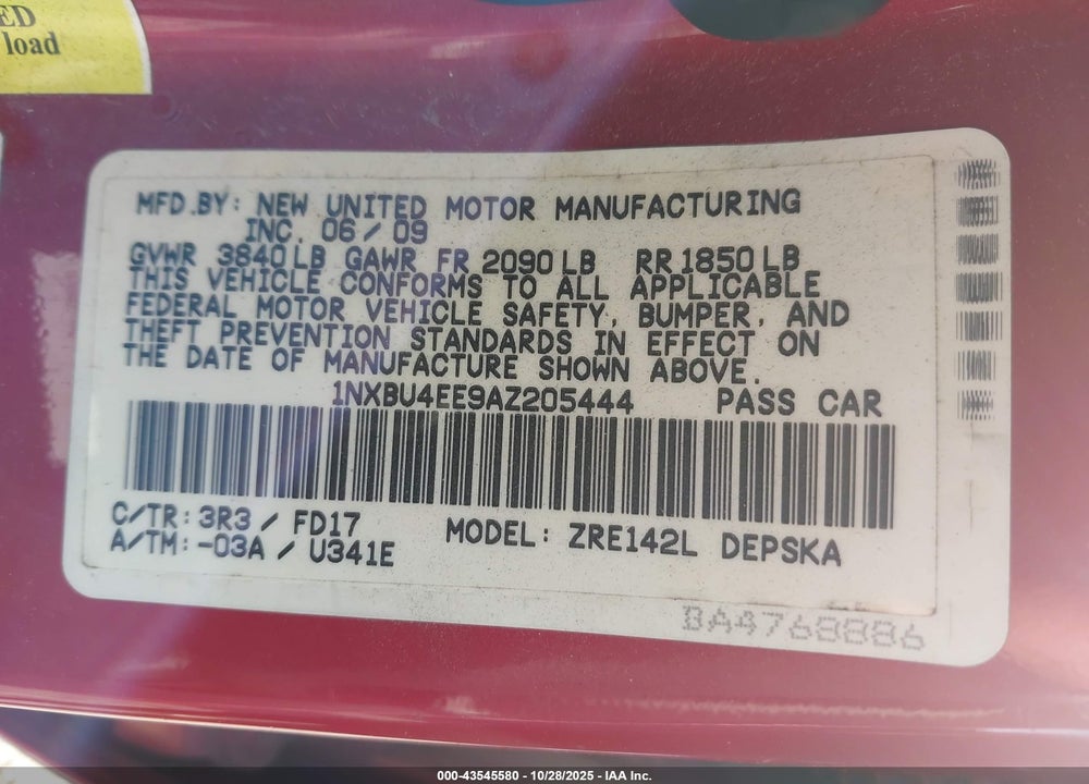 2010 TOYOTA COROLLA VIN: 1NXBU4EE9AZ205444