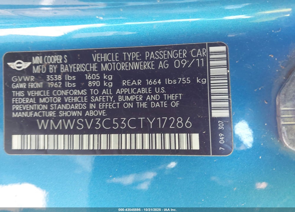 2012 MINI COOPER S VIN: WMWSV3C53CTY17286