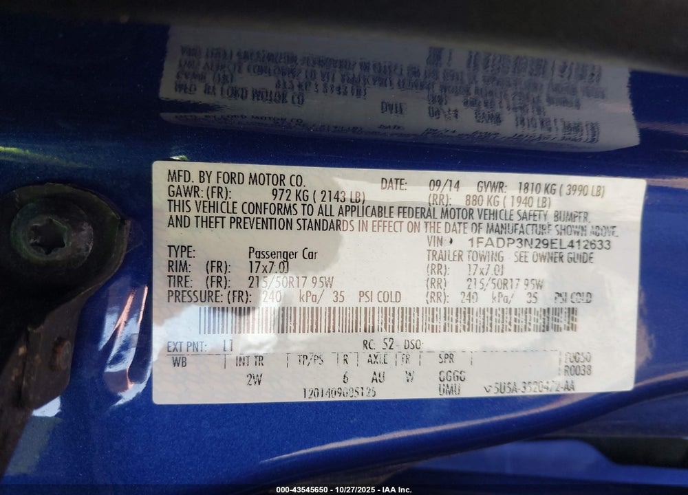 2014 FORD FOCUS TITANIUM VIN: 1FADP3N29EL412633