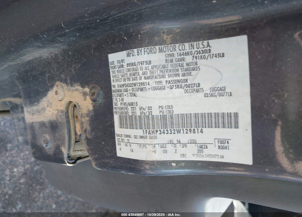 2002 FORD FOCUS SE VIN: 1FAHP34332W129814