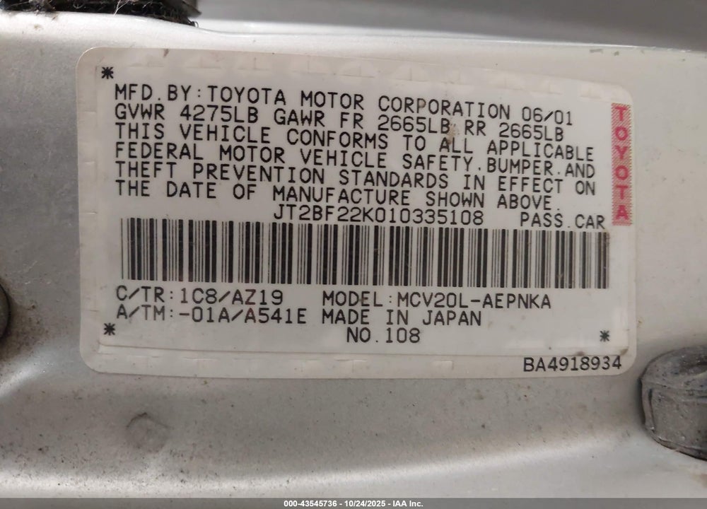 2001 TOYOTA CAMRY LE V6 VIN: JT2BF22K010335108