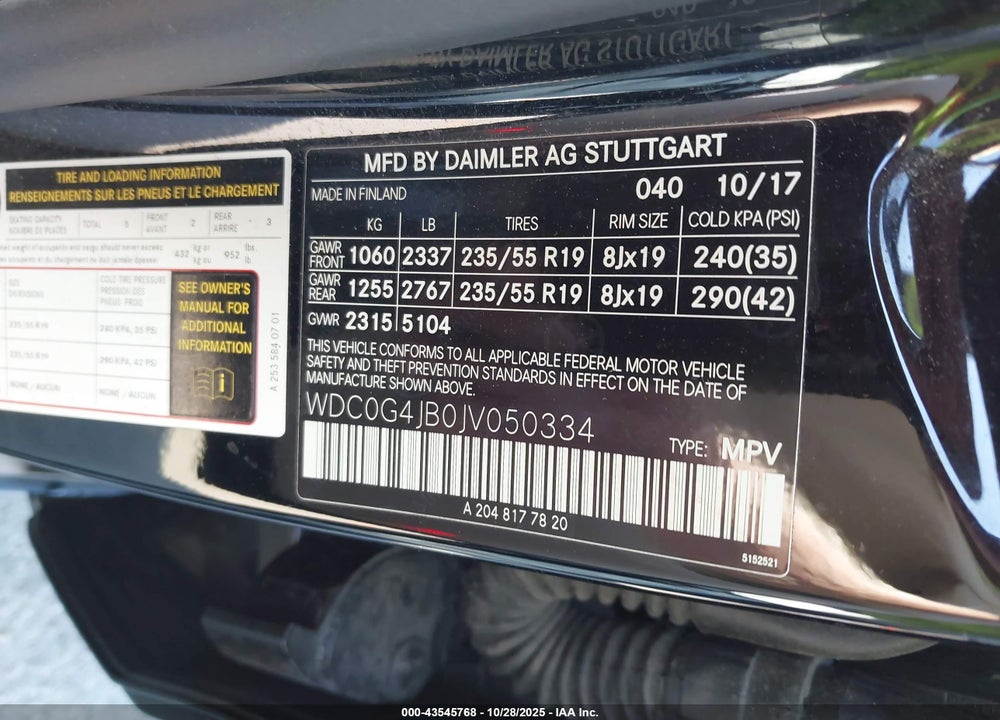 2018 MERCEDES-BENZ GLC CLASS VIN: WDC0G4JB0JV050334