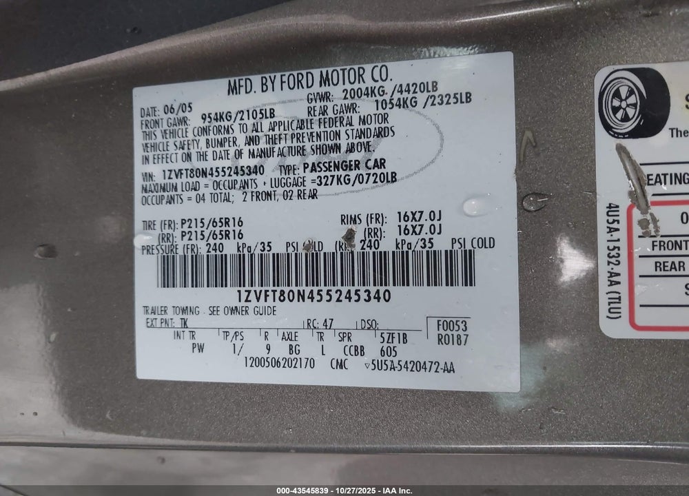 2005 FORD MUSTANG V6 DELUXE/V6 PREMIUM VIN: 1ZVFT80N455245340