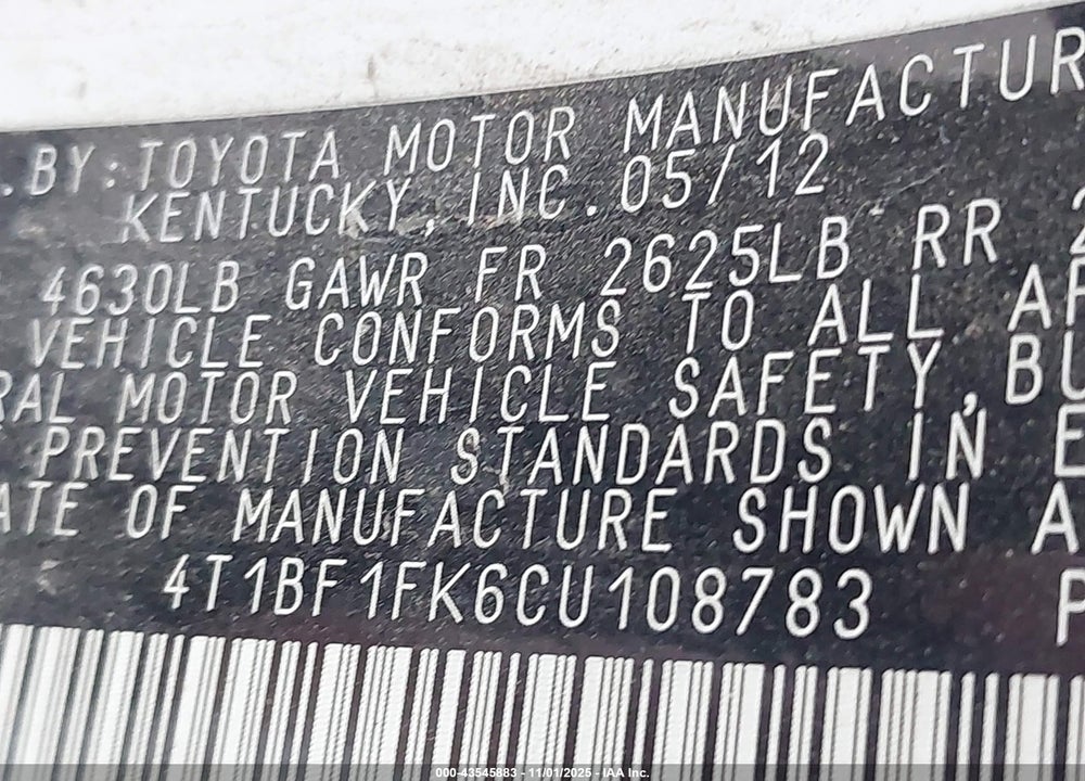 2012 TOYOTA CAMRY SE VIN: 4T1BF1FK6CU108783