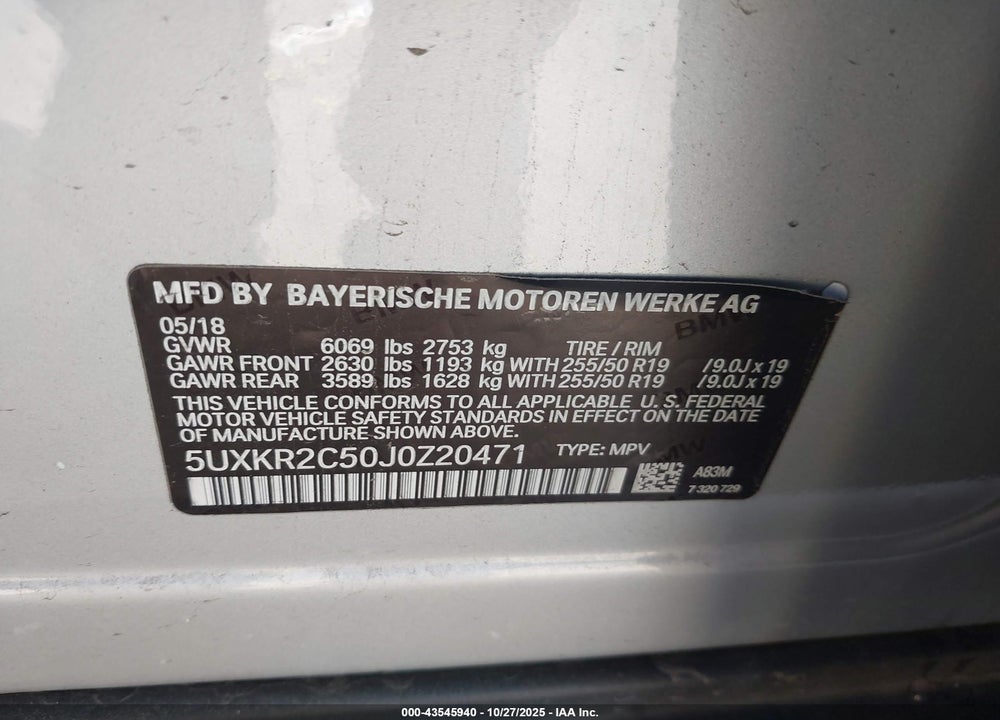2018 BMW X5 SDRIVE35I VIN: 5UXKR2C50J0Z20471