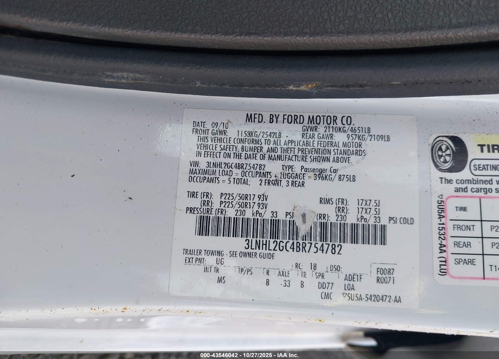 2011 LINCOLN MKZ VIN: 3LNHL2GC4BR754782