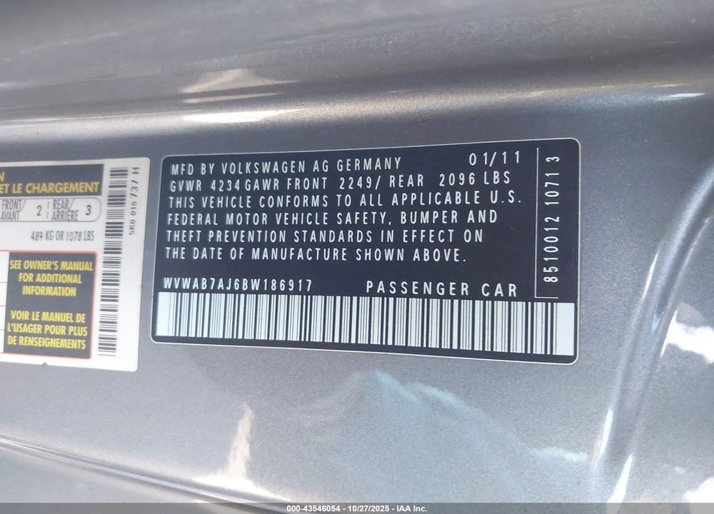 2011 VOLKSWAGEN GOLF 2.5L 2-DOOR VIN: WVWAB7AJ6BW186917