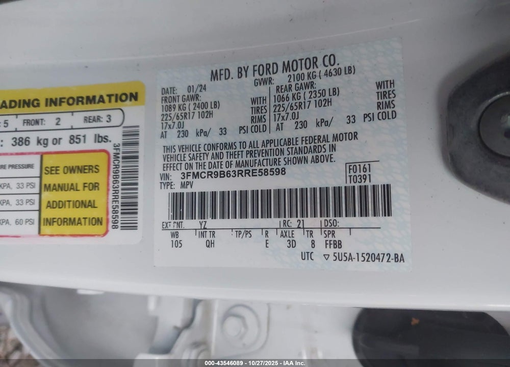 2024 FORD BRONCO SPORT BIG BEND VIN: 3FMCR9B63RRE58598