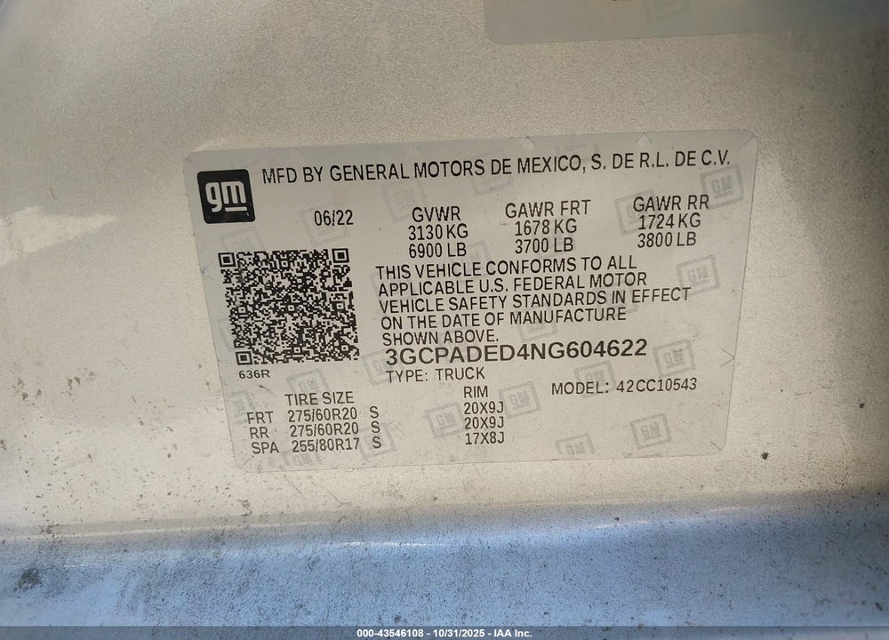 2022 CHEVROLET SILVERADO 1500 VIN: 3GCPADED4NG604622