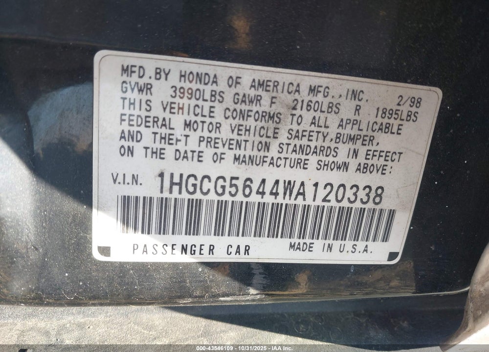 1998 HONDA ACCORD LX VIN: 1HGCG5644WA120338