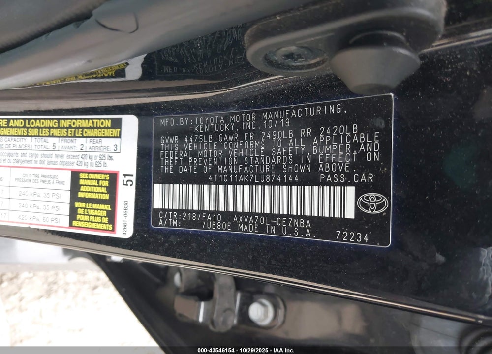 2020 TOYOTA CAMRY LE VIN: 4T1C11AK7LU874144