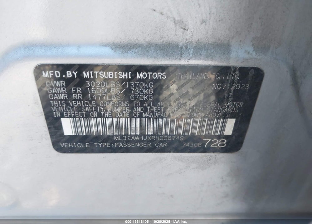2024 MITSUBISHI MIRAGE VIN: ML32AWHJXRH006749