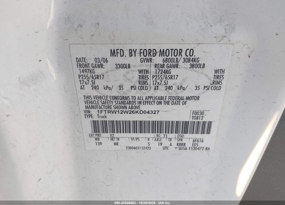 2006 FORD F-150 XLT VIN: 1FTRW12W26KD04327