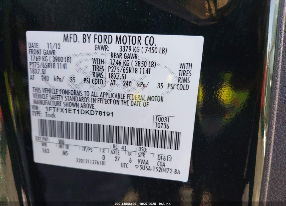 2013 FORD F-150 XLT VIN: 1FTFX1ET1DKD78191