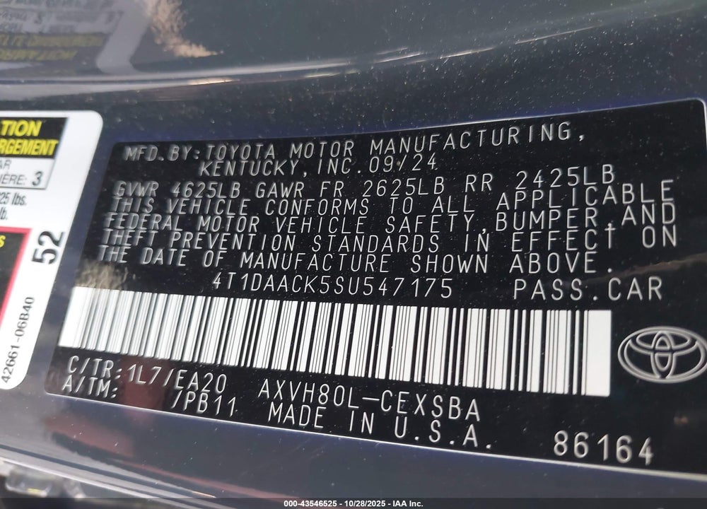 2025 TOYOTA CAMRY SE VIN: 4T1DAACK5SU547175