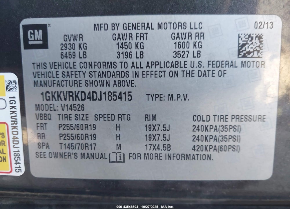 2013 GMC ACADIA VIN: 1GKKVRKD4DJ185415