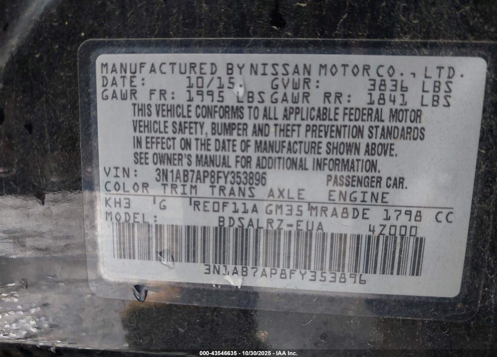 2015 NISSAN SENTRA VIN: 3N1AB7AP8FY353896