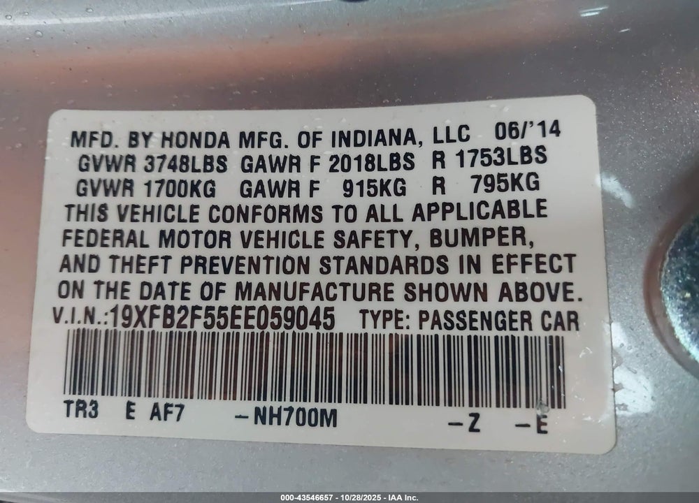 2014 HONDA CIVIC LX VIN: 19XFB2F55EE059045