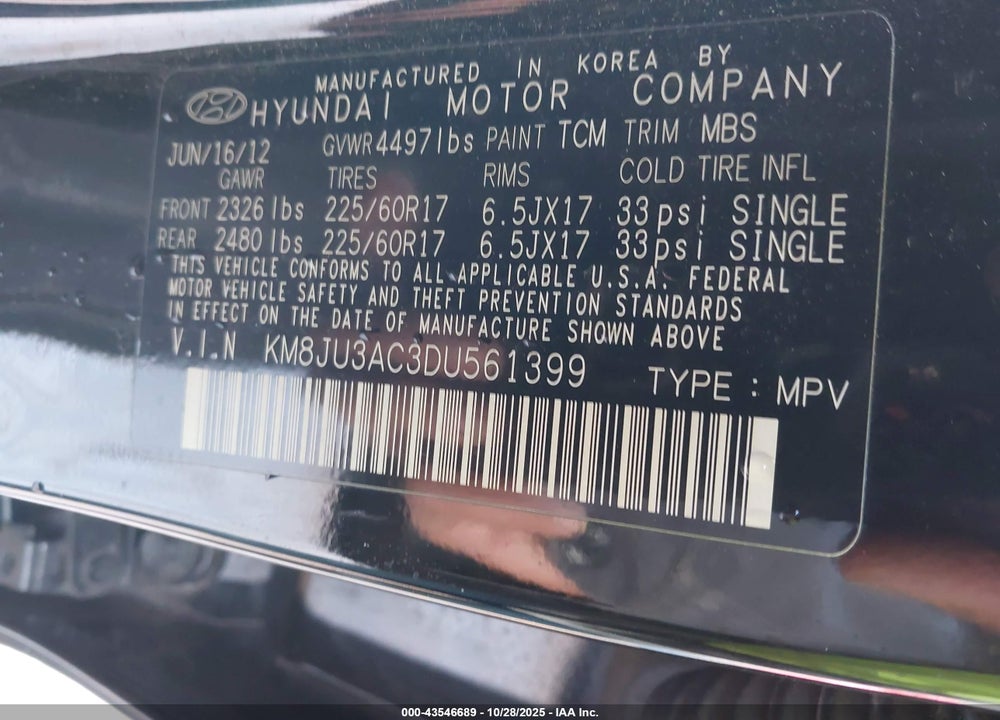 2013 HYUNDAI TUCSON GLS VIN: KM8JU3AC3DU561399