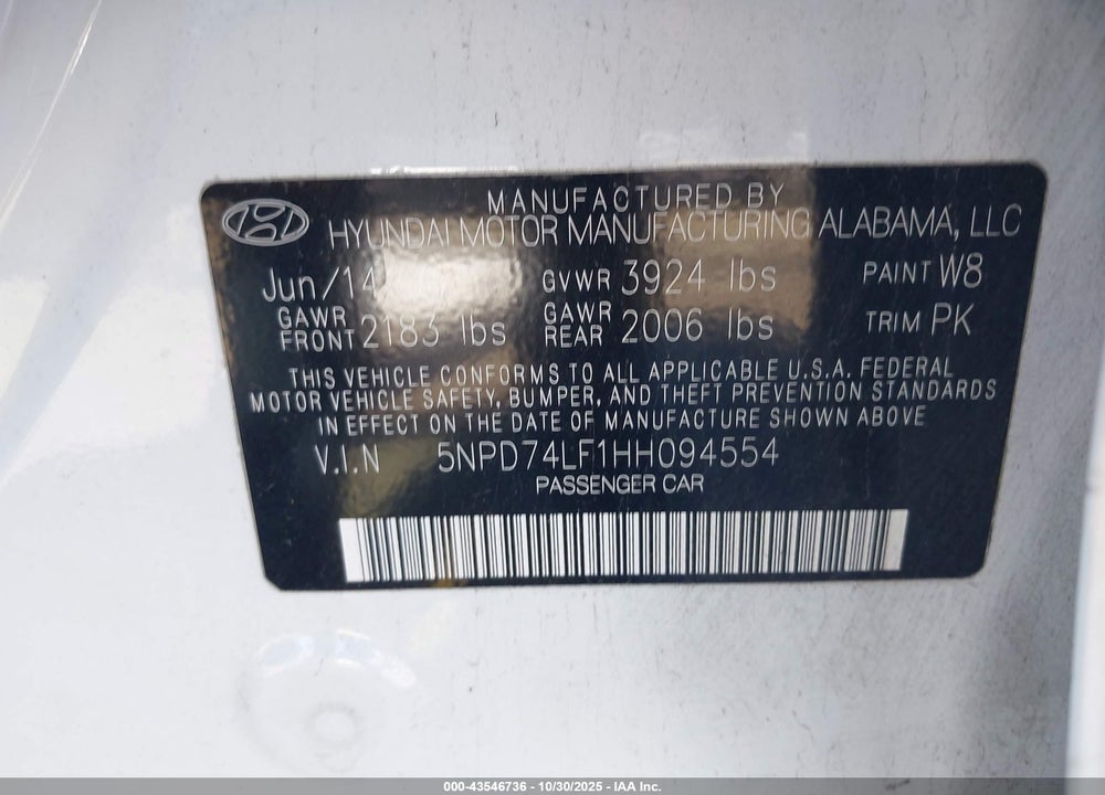 2017 HYUNDAI ELANTRA VIN: 5NPD74LF1HH094554