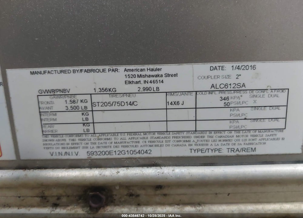 2016 AMERICAN HAULER AIRLITE VIN: 593200E12G1054042