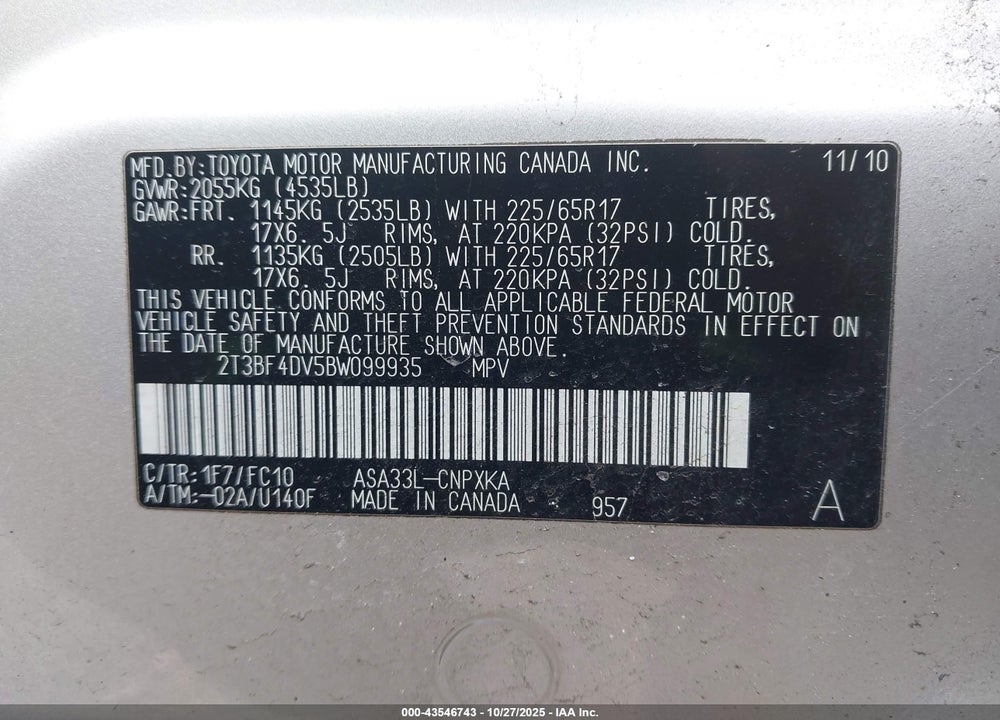 2011 TOYOTA RAV4 VIN: 2T3BF4DV5BW099935