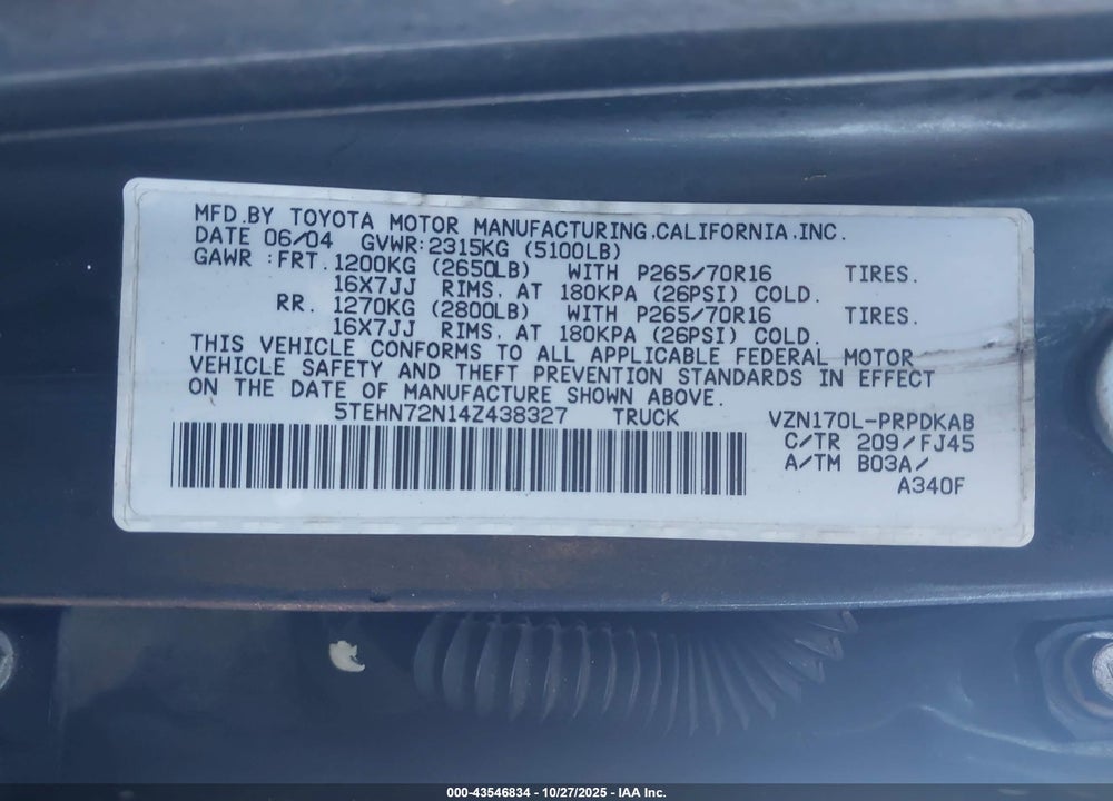 2004 TOYOTA TACOMA BASE V6 VIN: 5TEHN72N14Z438327