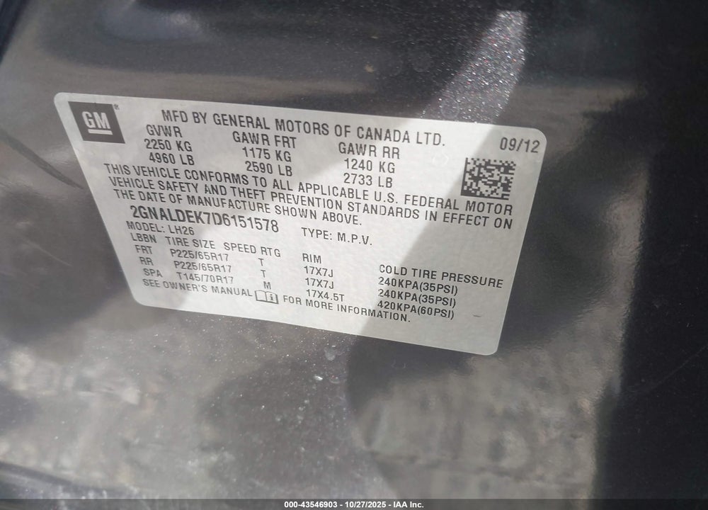 2013 CHEVROLET EQUINOX 1LT VIN: 2GNALDEK7D6151578
