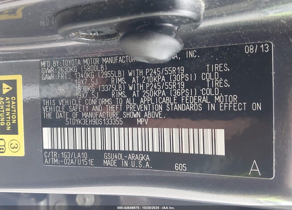 2013 TOYOTA HIGHLANDER LIMITED V6 VIN: 5TDYK3EH9DS133355