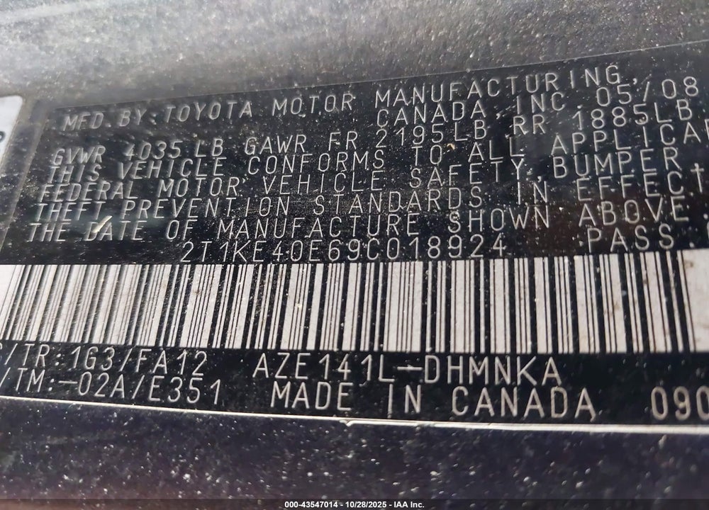 2009 TOYOTA MATRIX S VIN: 2T1KE40E69C018924
