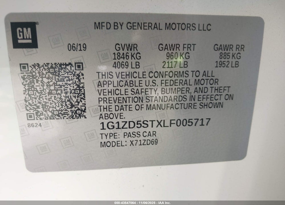 2020 CHEVROLET MALIBU FWD LT VIN: 1G1ZD5STXLF005717