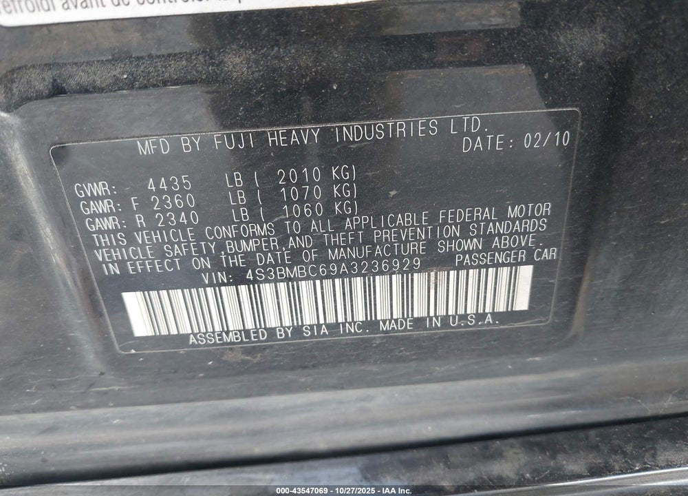 2010 SUBARU LEGACY 2.5I PREMIUM VIN: 4S3BMBC69A3236929