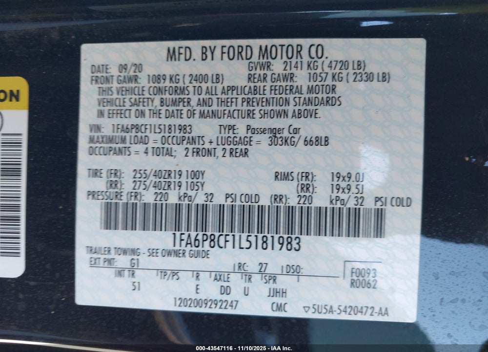 2020 FORD MUSTANG GT PREMIUM FASTBACK VIN: 1FA6P8CF1L5181983