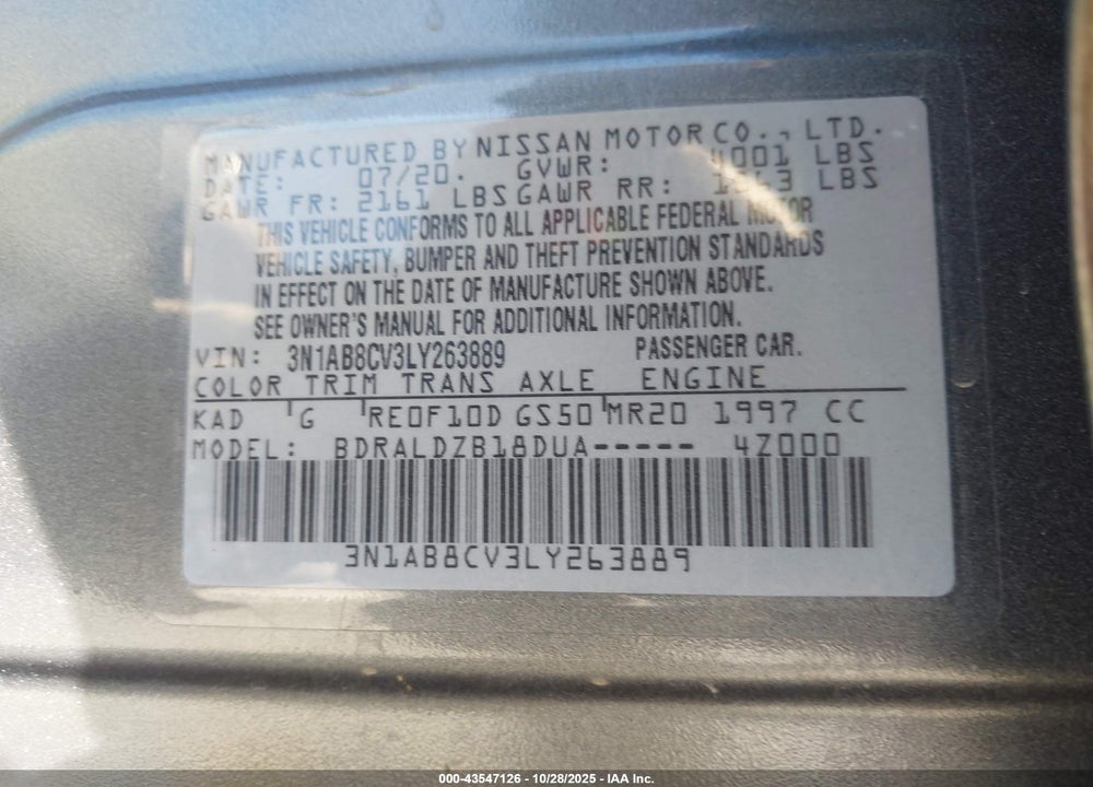 2020 NISSAN SENTRA SV XTRONIC CVT VIN: 3N1AB8CV3LY263889
