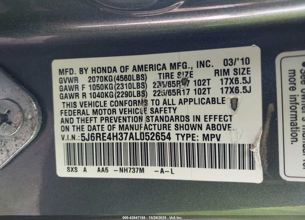 2010 HONDA CR-V LX VIN: 5J6RE4H37AL052654