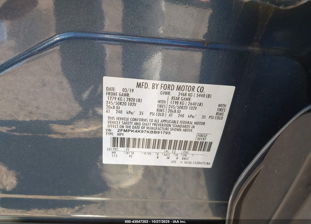 2019 FORD EDGE VIN: 2FMPK4K97KBB91795