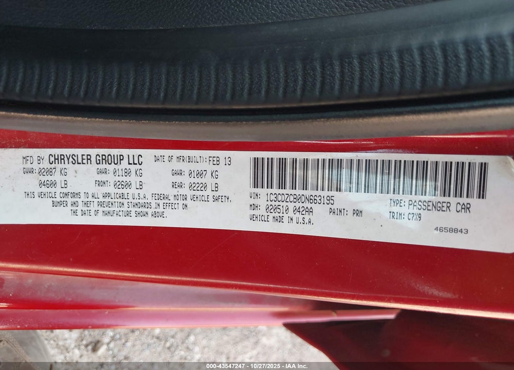 2013 DODGE AVENGER SXT VIN: 1C3CDZCB0DN663195