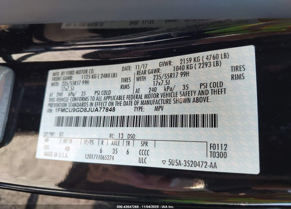 2018 FORD ESCAPE VIN: 1FMCU9GD8JUA77848