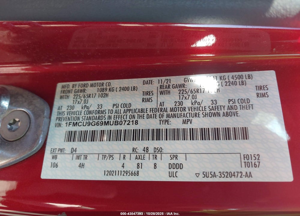 2021 FORD ESCAPE SE VIN: 1FMCU9G69MUB07218