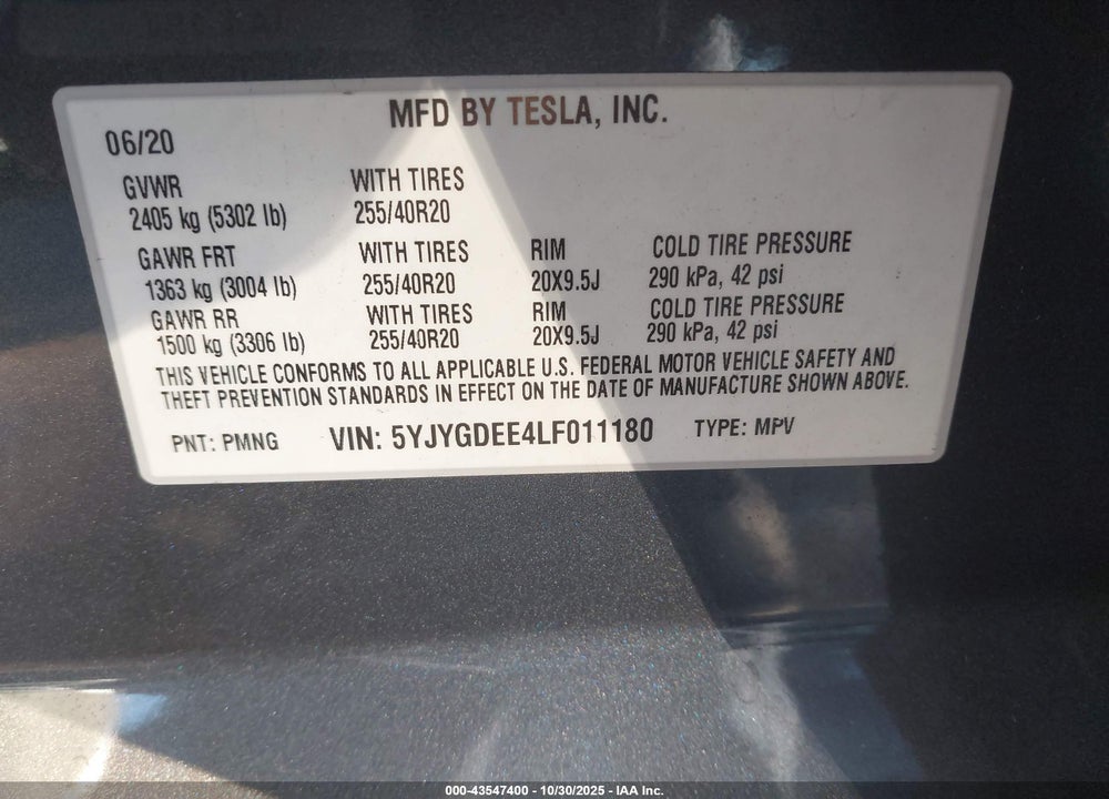 2020 TESLA MODEL Y LONG RANGE DUAL MOTOR ALL-WHEEL DRIVE VIN: 5YJYGDEE4LF011180