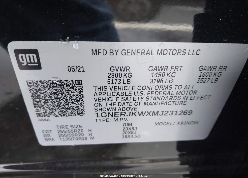 2021 CHEVROLET TRAVERSE VIN: 1GNERJKWXMJ231269