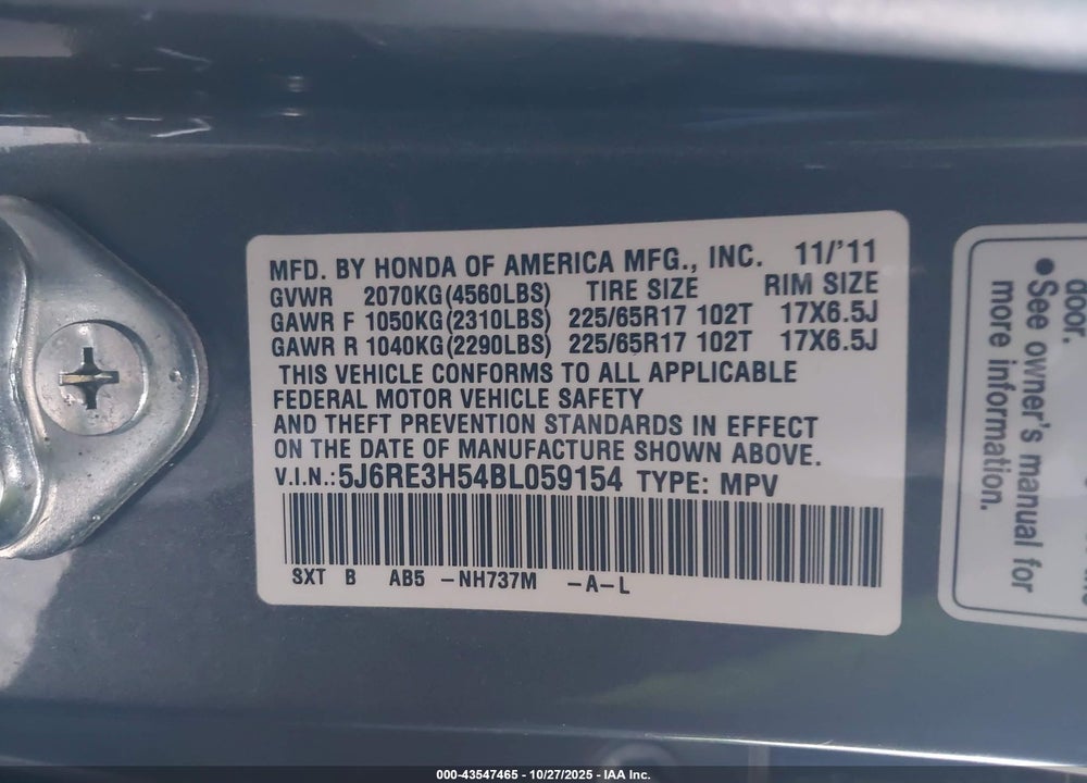 2011 HONDA CR-V EX VIN: 5J6RE3H54BL059154