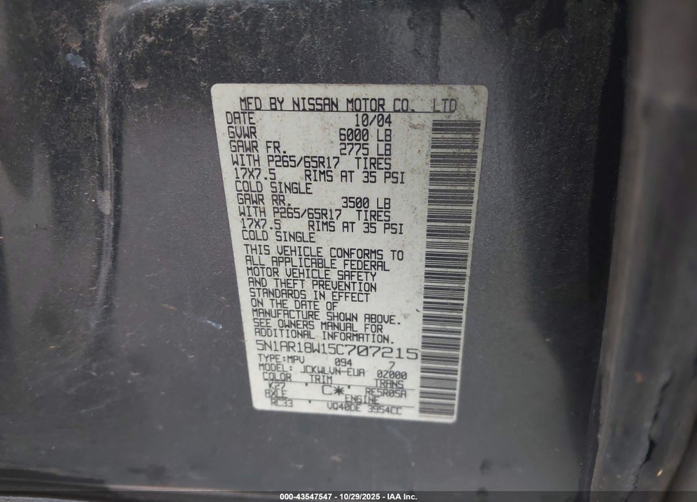 2005 NISSAN PATHFINDER LE VIN: 5N1AR18W15C707215