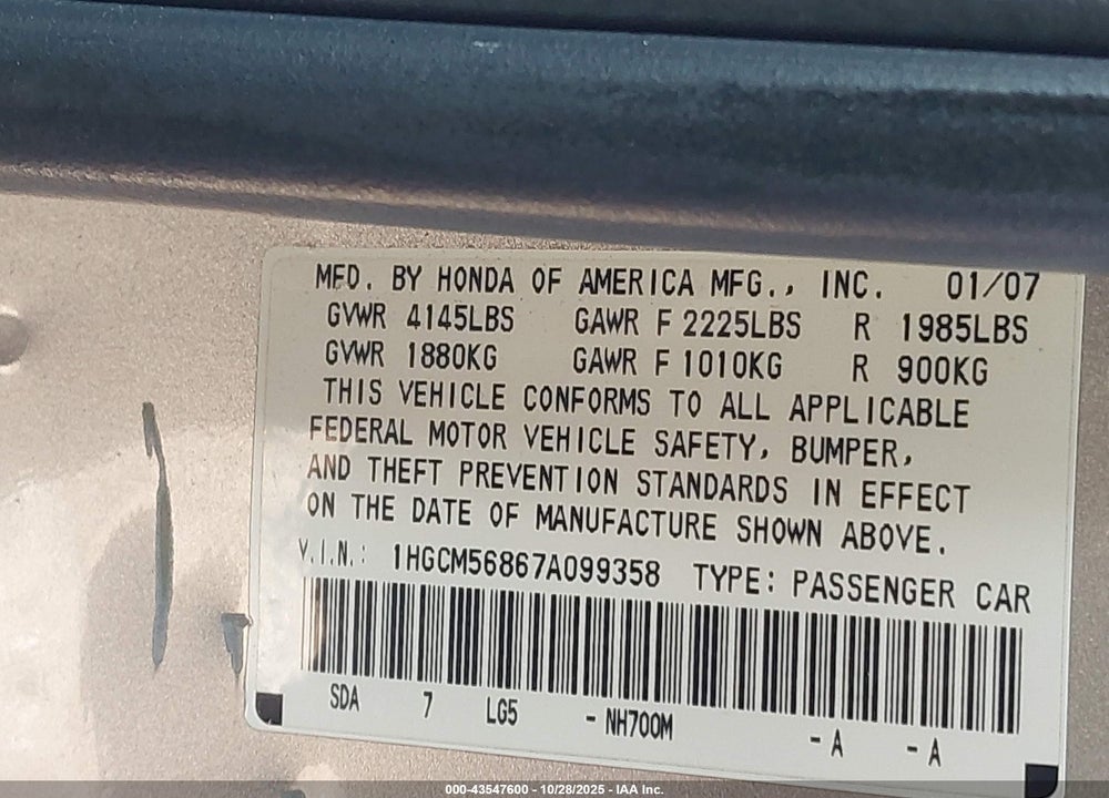 2007 HONDA ACCORD 2.4 EX VIN: 1HGCM56867A099358