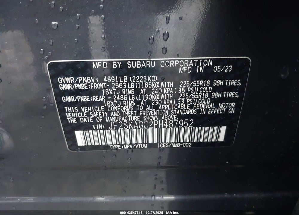 2023 SUBARU FORESTER SPORT VIN: JF2SKAGC2PH487952