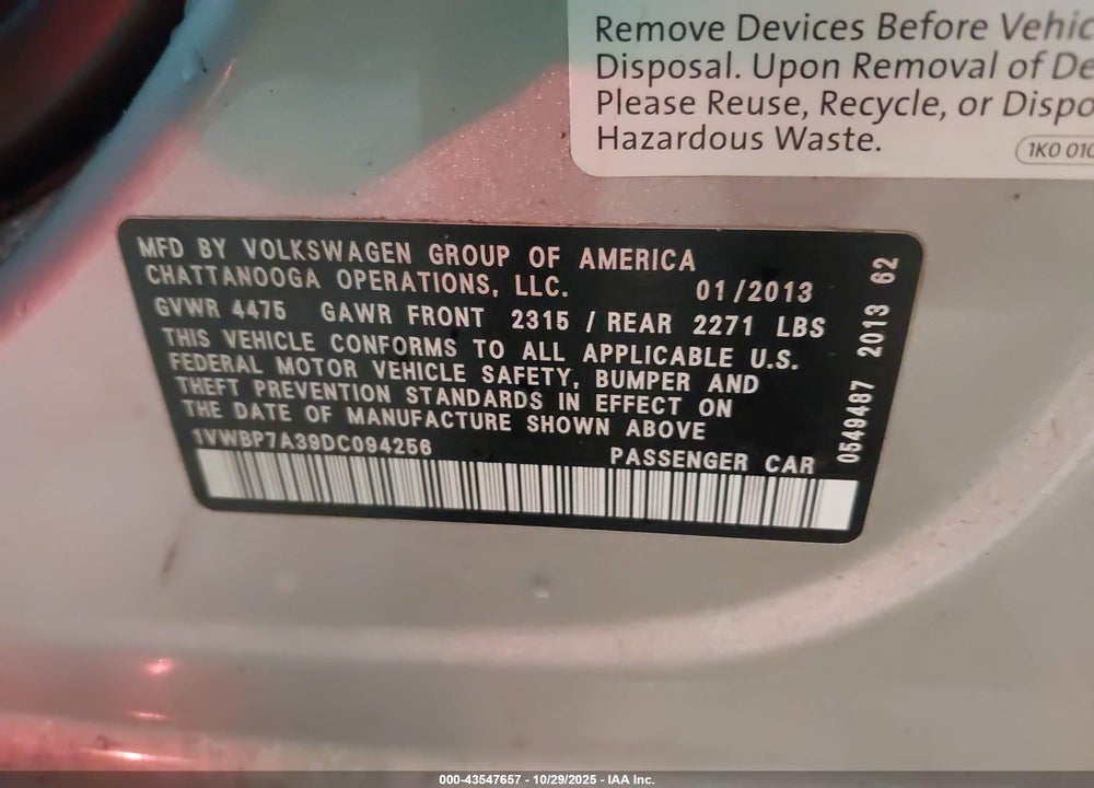 2013 VOLKSWAGEN PASSAT 2.5L SE VIN: 1VWBP7A39DC094256