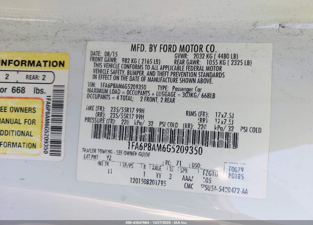 2016 FORD MUSTANG V6 VIN: 1FA6P8AM6G5209350